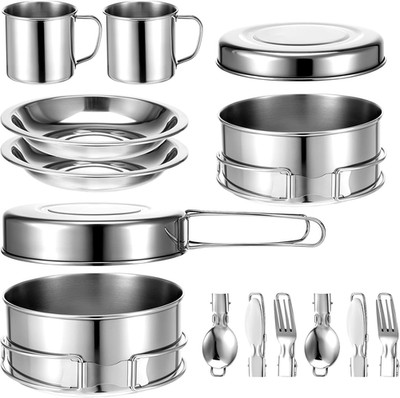 14Pcs Stainless Steel Camping Cookware Set, Lightweight Compact Camping Pots Pan