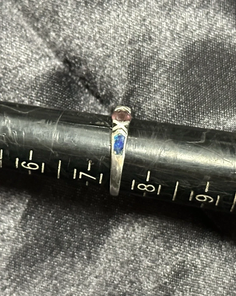 纯银紫水晶和蓝色火蛋白石戒指 尺寸 7 1/2 — 第 3/4 张图片