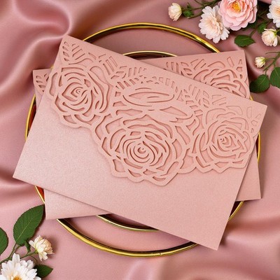 Invitation Card Laser Cut Rose Flower Pocket Envelope Pink Wedding Birthday