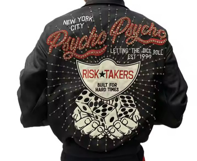 Men's Luxury Leather Bomber Jacket with Rhinestones & Custom Embroidery - Winter