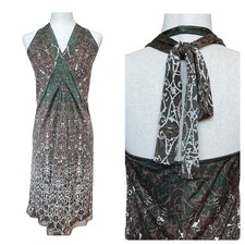 Elie Tahari Halter Midi Dress Womens S Brown Green Damask Print Boho Excellent