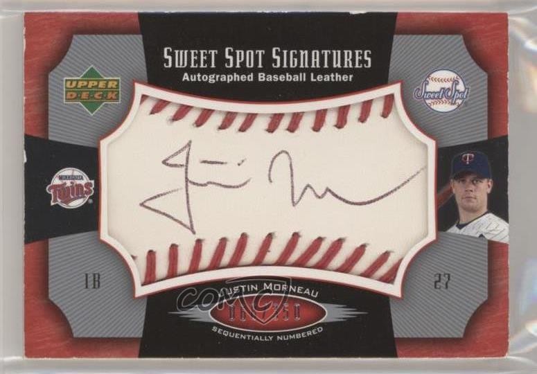 2005 Sweet Spot Signatures Red Stitched Black Ink 68/350 Justin Morneau Auto 7v7