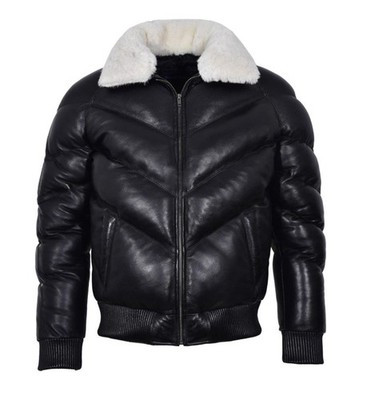 Herren Puffer Leder Bomberjacke abnehmbarer Fellkragen Echtleder Daunenjacke