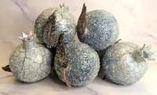Lot of 7 Beaded Glitter Fruit Light Blue Pomegranate Christmas Decor 3”