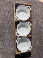 Set of 3 White Ceramic Mini Casserole / Serving Dishes with Handles