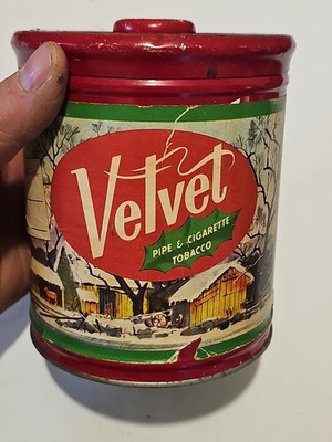 Vtg Velvet Pipe & Cigarette Tobacco Red Canister Can Holiday Label Empty 