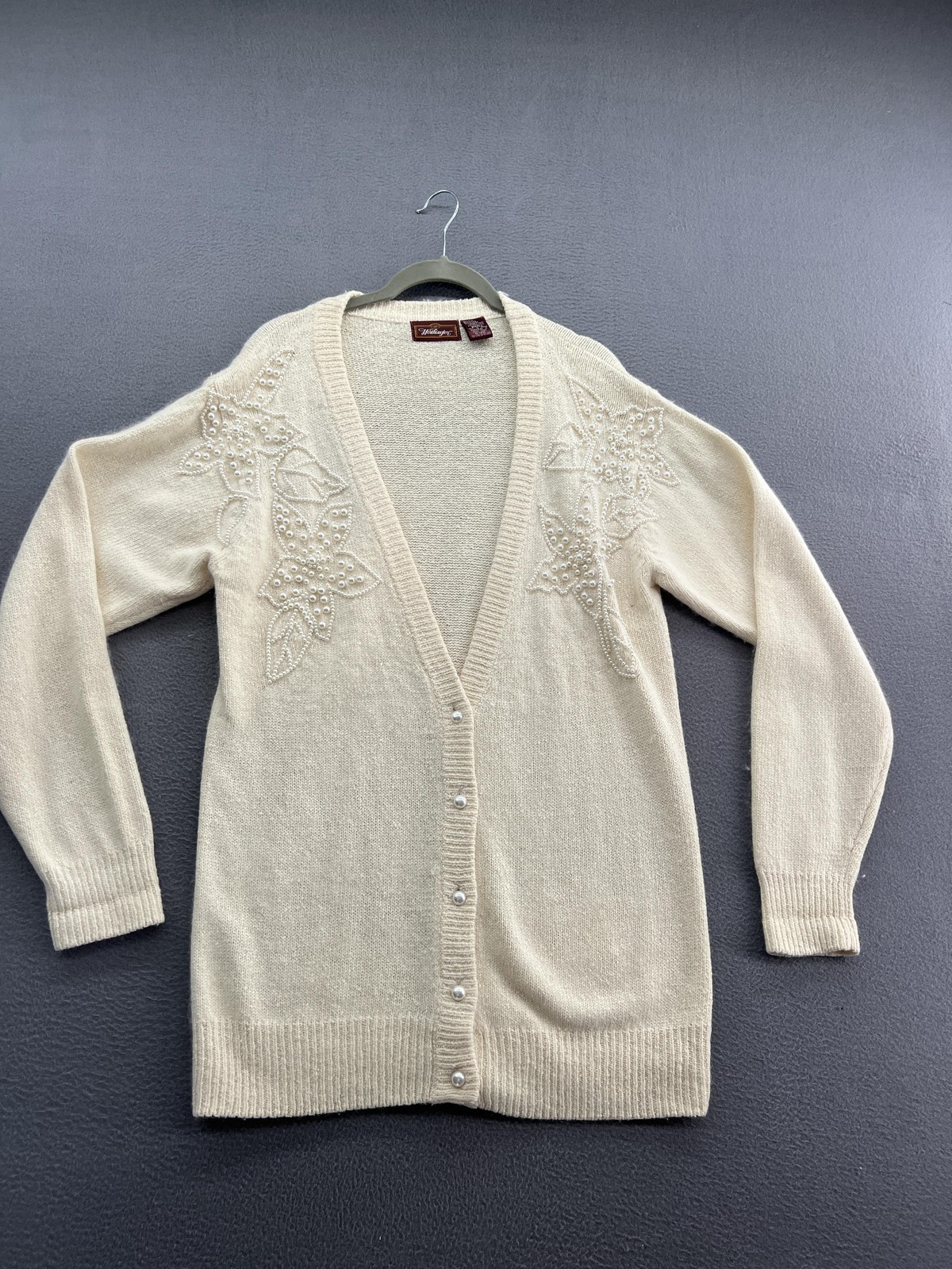VTG Worthington Sweater Womens Sz S Silk Cream Pearl Button Beaded Cardigan