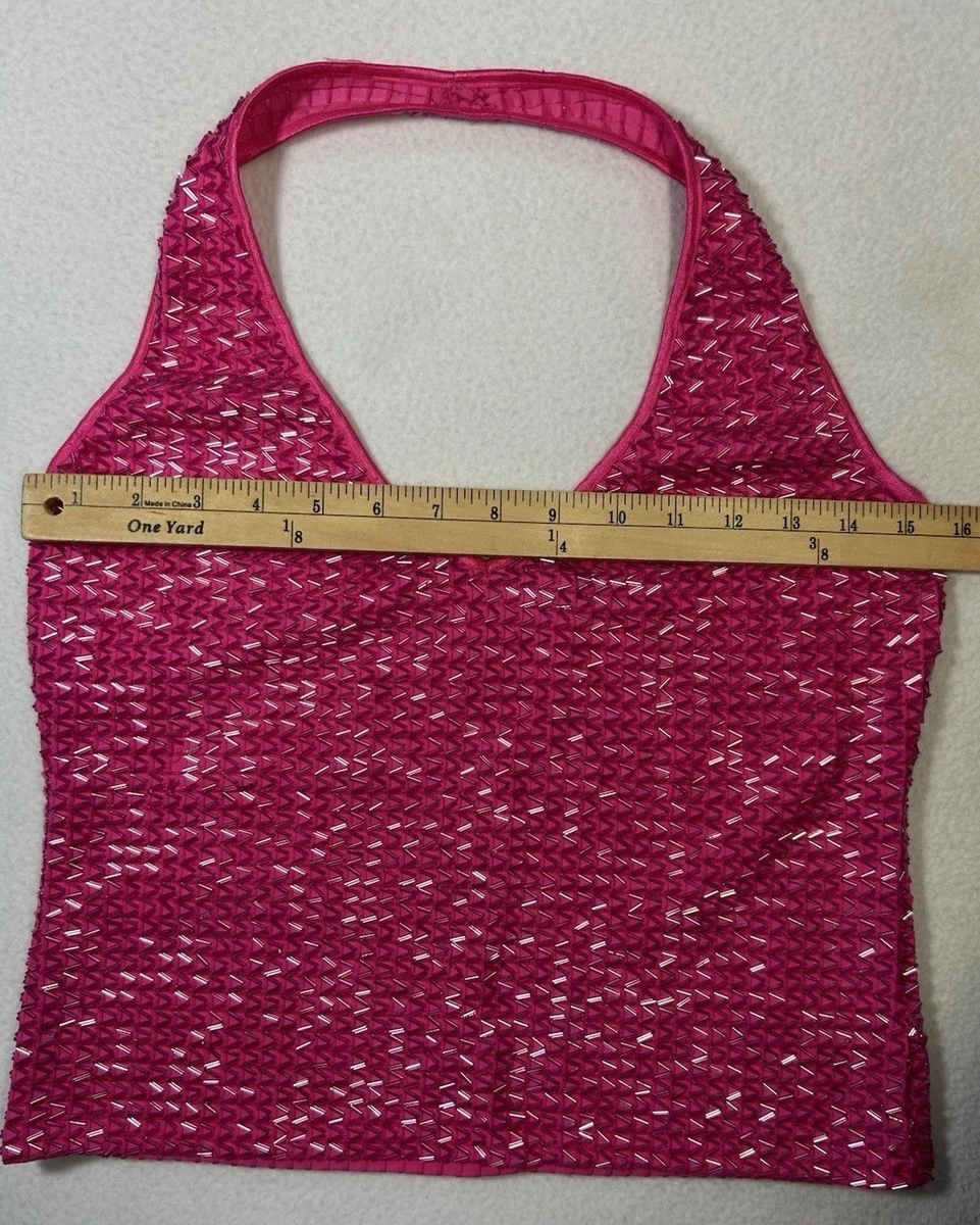 VTG Cache Fuchsia Pink Beaded Halter Top Size L Elle Woods Coquette Homecoming