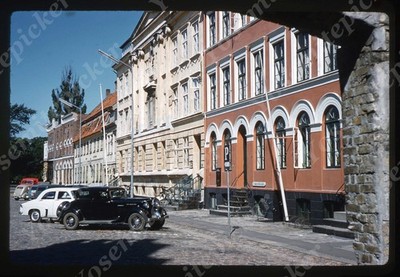 SL19 Original slide 1950's  old European town vintage cars downtown 330a