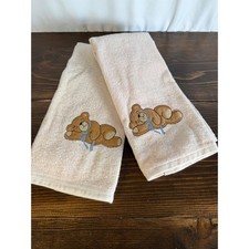 VTG 90s R.A. Briggs Embroidered Teddy Bear Tan Cotton HandTowels - Set of 2