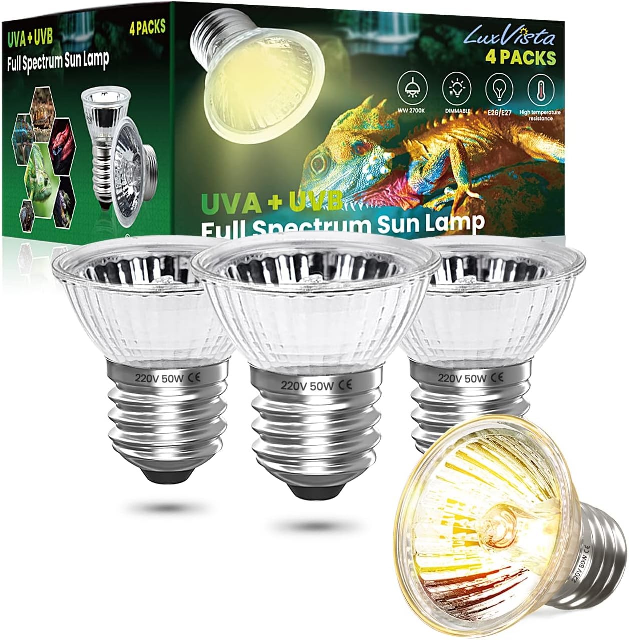Luxvista E27 50W Reptile Heating Light Bulb, UVA UVB Full Spectrum Sun Lamp for