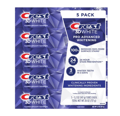 Crest 3D White Advanced Whitening Toothpaste 5.2oz 5 Pack Fluoride