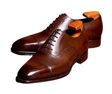 Handmade Brown Genuine Leather Oxford Lace Up Cap Toe Office Dress Shoes For Men