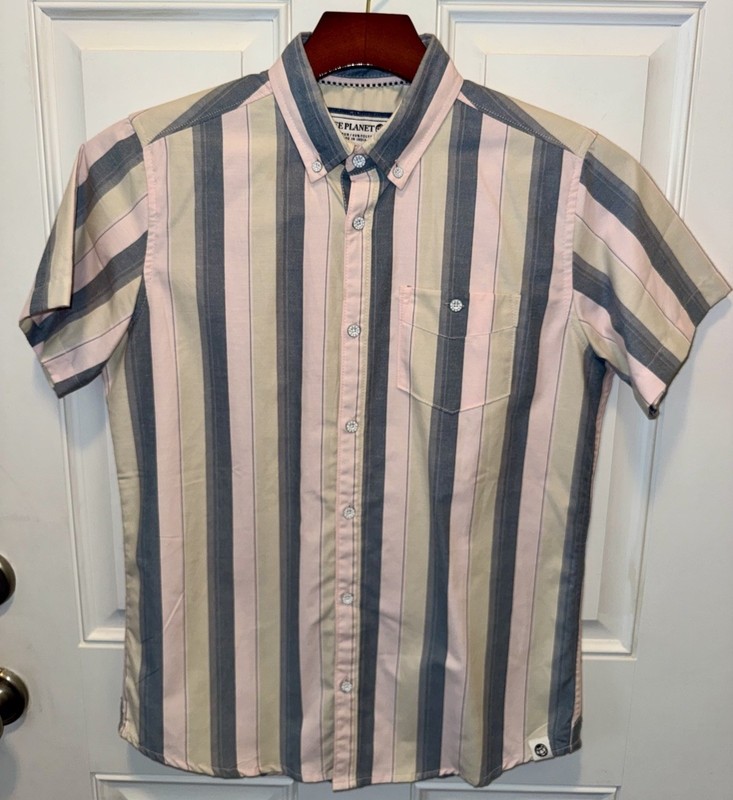 Free Planet Mens Cotton Blend SS Button Up Pastel Neutrals Striped Dress Shirt S