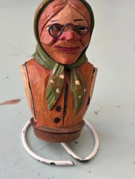 -Vintage ANRI WOODEN/CORK Hand Carved/Hand Painted Figure w/ Wire Stand
