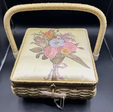 VTG Wicker Woven Sewing Craft Basket Pink Floral 1970’s Retro Flowers