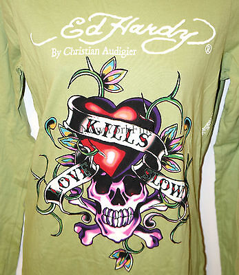 NEW ED HARDY Christian Audigier L SLEEVE SHIRT LOVE KILLS SLOWLY SKULL  TATOO L | eBay