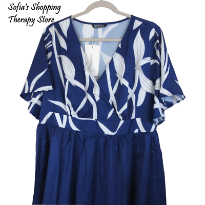 Bloomchic 14 16 1X Leaves Leaf Print Surplice Neck Pockets Slit BLUE WHITE  Dress | eBay