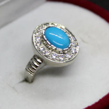 Natural Turquoise Stone Ring with White Zircons Blue Real Feroza Ring Silver 925
