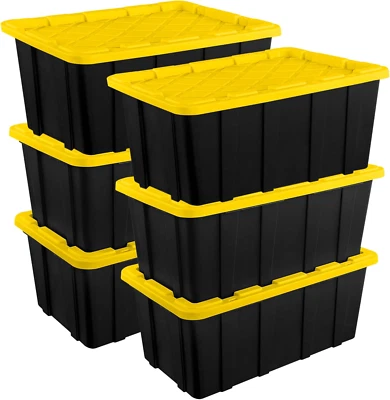 6-Pack Stackable Storage Bins, Heavy Duty Totes W/ Lids, 27 Gallon, Black/Yellow