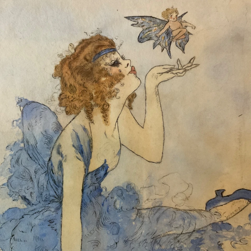 Vintage años 30 mujer bebé hada retrato acuarela original PINTURA pintado a mano Foto 2 de 4