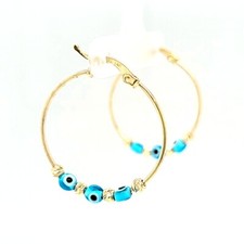 14K Yellow Gold Light Blue Evil Eye Hoop Earrings