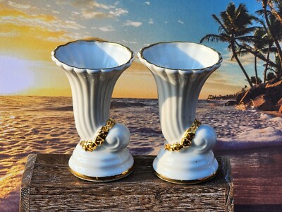 Vintage Gold Castle Mini Cornucopia Vase Set Of 2 Porcelain  Gold Trim Japan