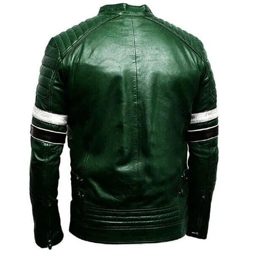 New Men's Green Real Sheepskin Leather Cafe Racer Motorbiker Leather Jacket - Picture 2 of 3