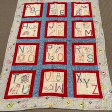 Handmade Cotton Baby Quilt with Hand Embroidery Flannel Backing 52" X 40"