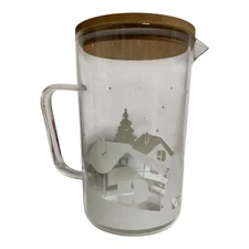 Old East Main Co. Clear Glass Pitcher Christmas Village Design 64 OZ w/ Wood Lid