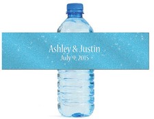100 Modern Blue Glitter Wedding Birthday Party Water Bottle Labels 8"x2"