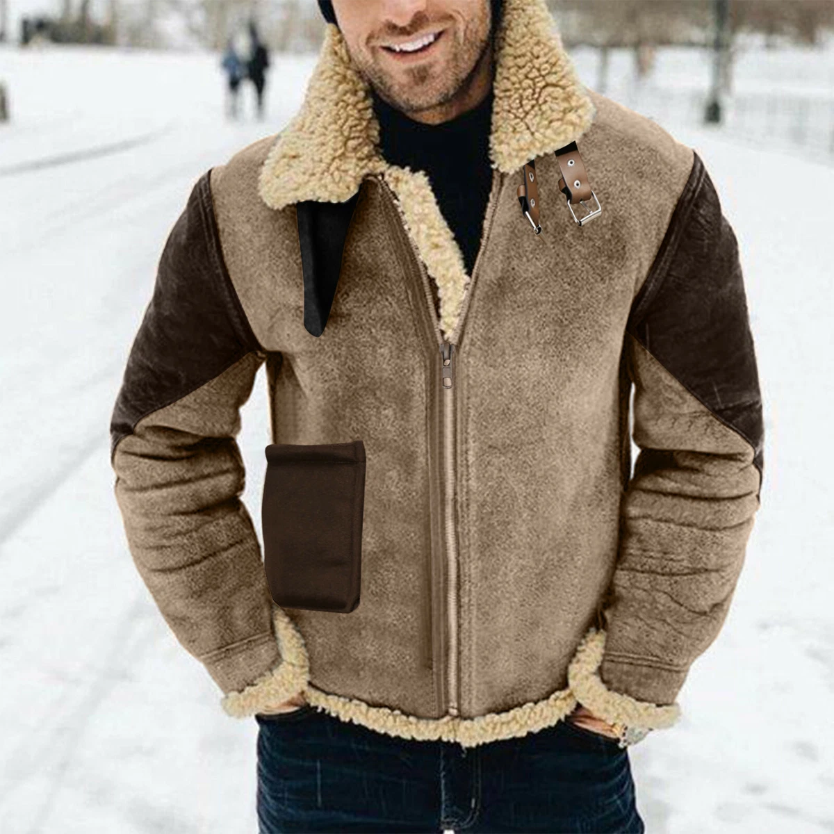 Men Warm Winter Overcoat Leather Lamb Fur Lined Thick Jacket Cowboy Coat UK A UK