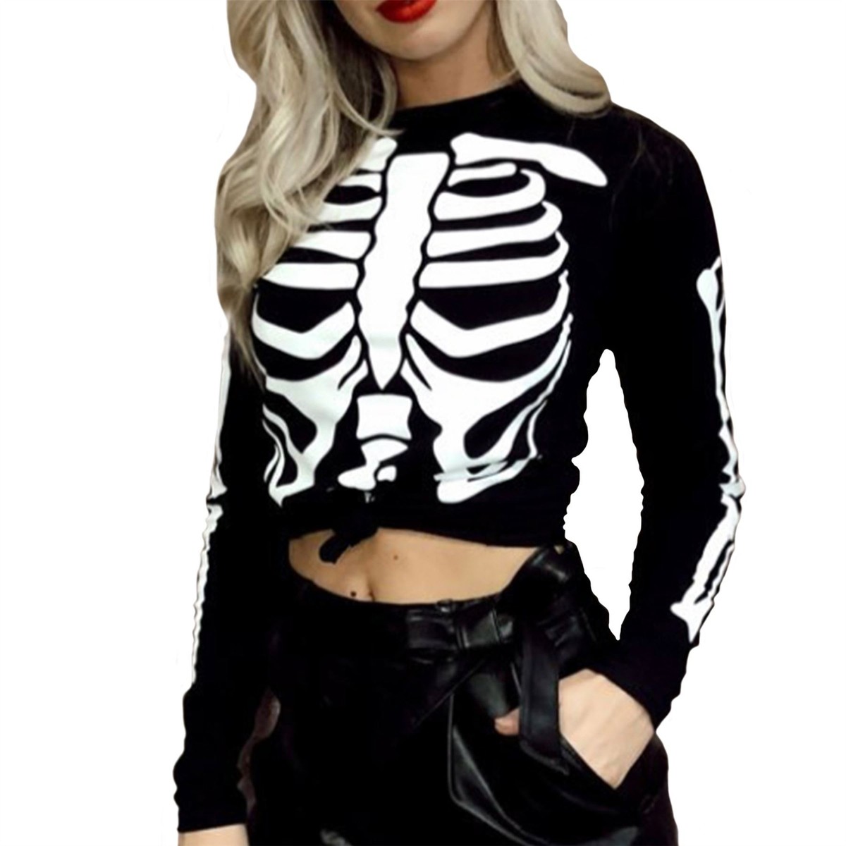 売れ筋商品|||ラッキーブランド カットソー トップス レディース Women's Singing Skeletons Crewneck Tee Jet Black Skeleton Costume Womens T Shirt Halloween Top Girls Tee Long