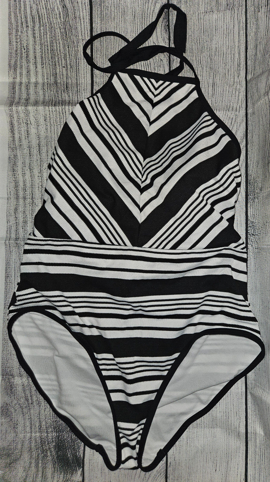 Women's Black & White Striped One Piece Swimsuit XL 16-18 Time and Tru-image