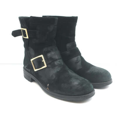 Jimmy Choo Youth Biker Boots Black Waxed Suede Size 38.5 Flat 