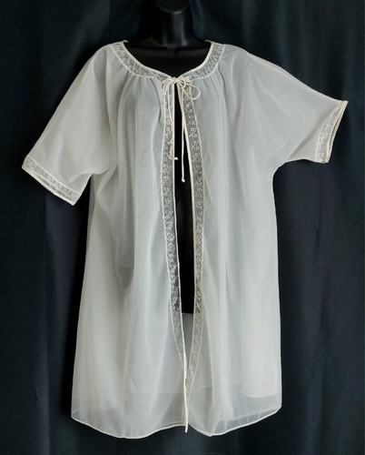 VANITY FAIR Vintage 1950s Sheer Lacy DOUBLE NYLON CHIFFON Mini LINGERIE ROBE - M - Picture 3 of 7