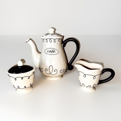Chic Vintage Bella Casa By Ganz 9  Cafe  Coffee Tea Pot, Creamer & Sugar Set New