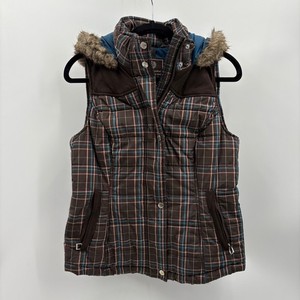 Ariat Womens Puffer Vest Plaid Hooded Fur Trim Brown Blue Pink Full Zip Small