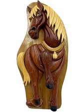 Carved Wooden Horse Puzzle Box With Velvet-Lined Secret Hidden Compartment