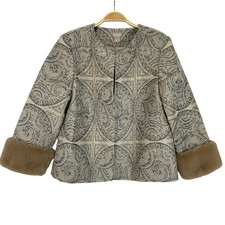 Chico's Faux Fur Cuff Jacquard Jacket Size 1 Medium Metallic Silver Tan Mobwife
