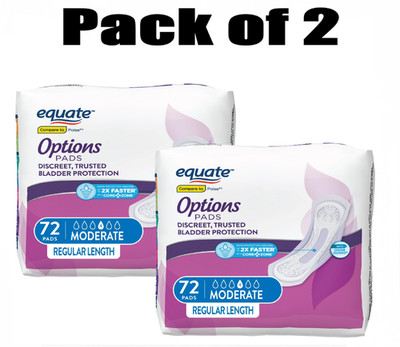 2 Pack Options Women's Moderate-Regular Incontinence Pads, 144 count.