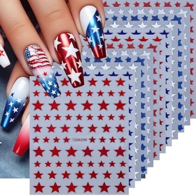 Independence Day Star Nail Art - Blue Red White & White Stickers - 12 Pieces