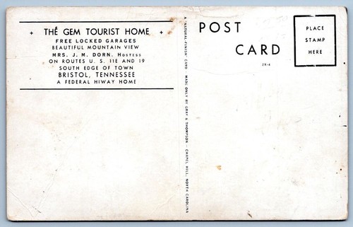 1930-40's GEM TOURIST HOME BRISTOL TENNESSEE TN A FEDERAL HIWAY HOME POSTCARD #2 - Imagen 2 de 2