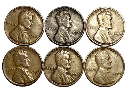 Mixed Lot of Six (6) Lincoln Wheat Pennies - US Penny Cent - 1936 1939