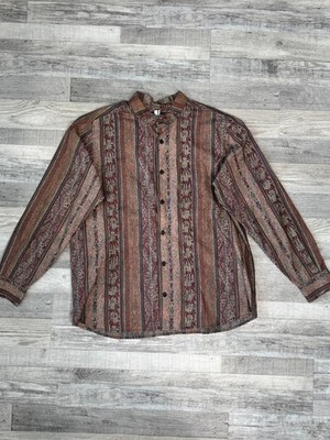 Peruvian Connection Men's Brown Patterned Long Sleeve Button Down Size Large C16