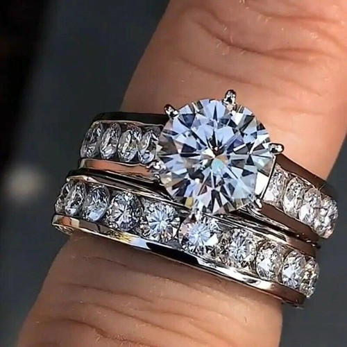 Moissanite Bridal Set Engagement Ring 3.00 Carat Round Cut Solid 14K White Gold