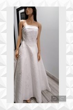 A103 is a white strapless organza with embroidery details A-line skirt 