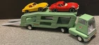 1960's Mini Tonka No. 96 Pressed Steel Car Carrier w 2 Corvettes, Ramps,  Green