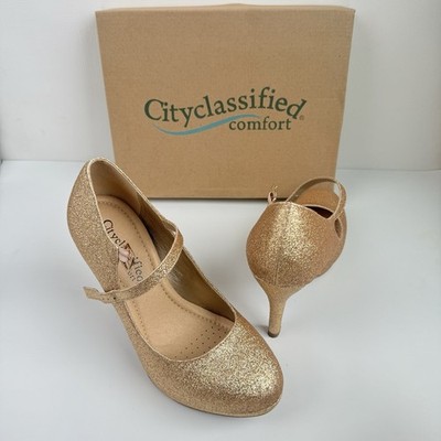Cityclassified Comfort Women s Close Toed Ankle Strap Heels Gold Glitter Size 6