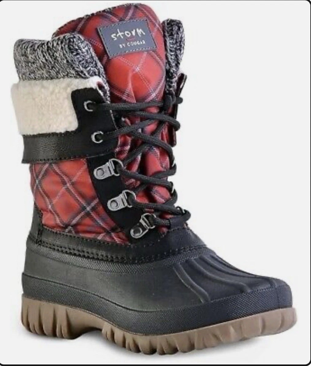 STORM by Cougar Creek Faux Shearling Waterproof Boot black red check 7 new